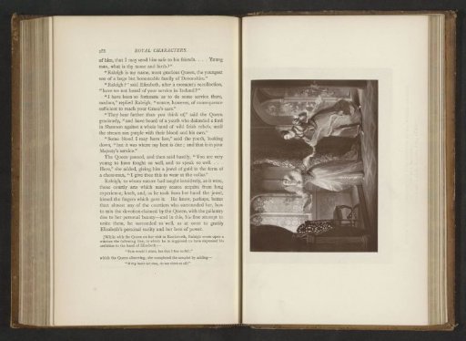 Queen Elizabeth reading the line written by Sir Walter Raleigh on the window