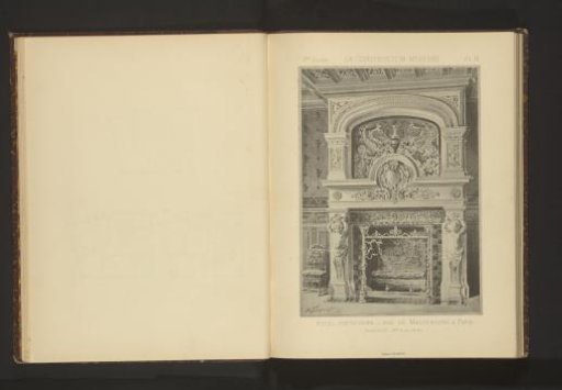 Reproduction of a print of a fireplace mantel in a town palace on the Rue de Magdebourg in Paris by H. Toussaint