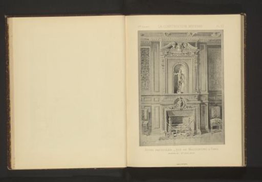 Reproduction of a print of a fireplace mantel in a town palace on the Rue de Magdebourg in Paris by H. Toussaint