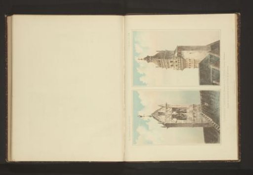Reproduction of two designs for a clock tower in Champeaux and a clock tower in Saint-Briac-Sur-Mer by M. Hügelin