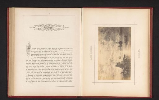 Photographic reproduction of a painting of ships at the edge of a harbor by Alfred Wahlberg