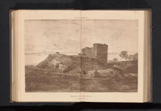 Reproduction of a drawing of a view of Bamburgh Castle in Northumberland by John Sell Cotman