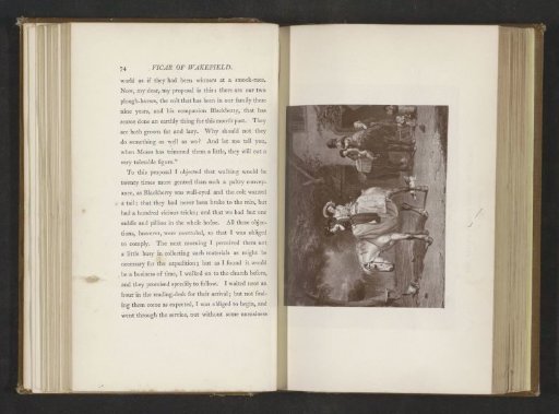 Photographic reproduction of a print after a painting by T. Woodward, depicting a scene from The Vicar of Wakefield by Oliver Goldsmith