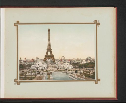 View of the Eiffel Tower and various pavilions during the 1900 World's Fair in Paris