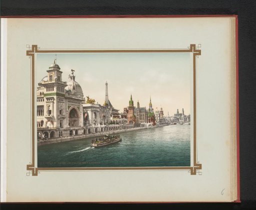 View of various pavilions seen from the Seine during the 1900 World's Fair in Paris