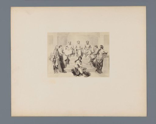 Photoreproduction of an engraving of a portrait of Ictinus, Apelles and Phidias, flanked by allegories on Gothic, Greek, Roman and Renaissance art