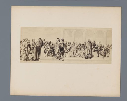 Photoreproduction of an engraving of a portrait of various painters and sculptors, including Jan van Eyck, Titian and Anthony van Dyck