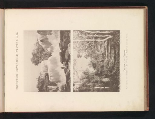 Two photographic reproductions of paintings, depicting waterfalls of the Inkisi in Congo and a caravan route in the Congo jungle