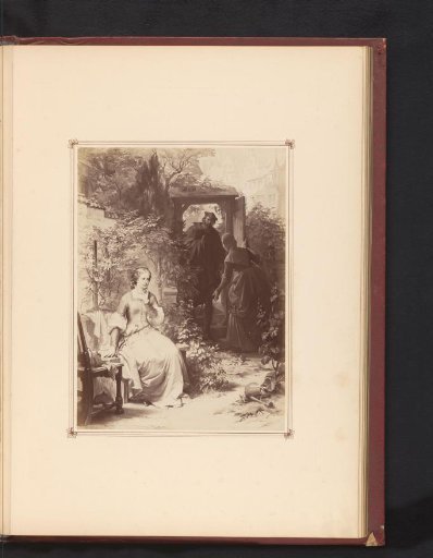 Photographic reproduction of a drawing of Gretchen, Faust and Mephistopheles, from the first part of the tragedy Faust by Johann Wolfgang von Goethe