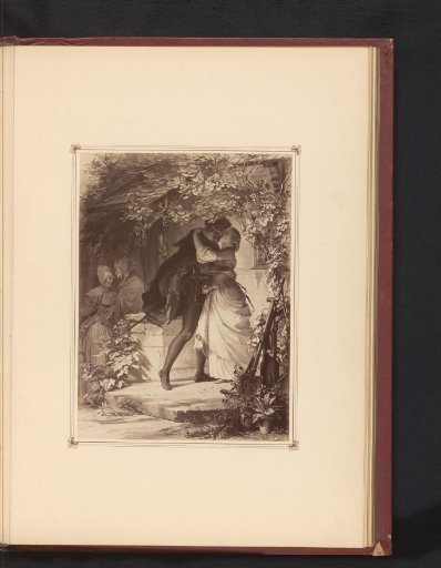 Photographic reproduction of a drawing of Faust and Gretchen kissing, from the first part of the tragedy Faust by Johann Wolfgang von Goethe
