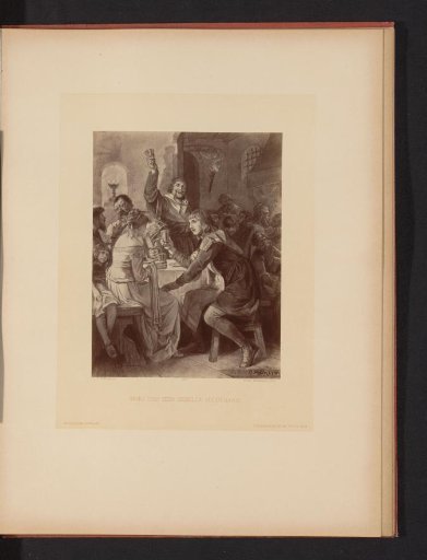 Reproduction of a drawing of a scene with Immo and Hildegard from Die Ahnen by Gustav Freitag, by Carl Röhling