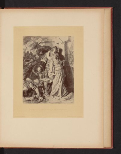 Reproduction of a drawing of a scene from Die Ahnen by Gustav Freitag in which Immo rescues Hildegard from a street fight, by Carl Röhling