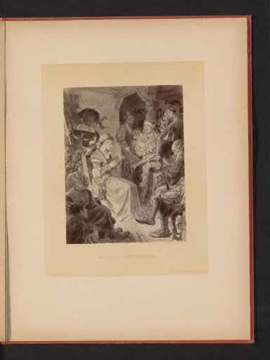 Reproduction of a drawing of a scene from Die Ahnen by Gustav Freitag in which Anna reads to a group of men, by Carl Röhling