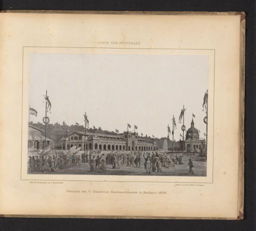 Reproduction of a drawing of a view of the Festplatz des V. Deutschen Bundesschiessens in Stuttgart, Germany
