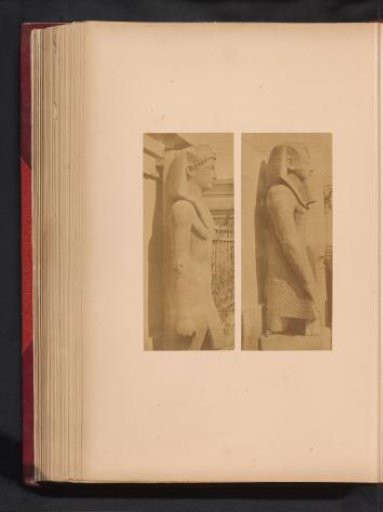 Two images of statues of a Ptolemy and Thutmose III in the Boulaq Museum in Cairo, Egypt