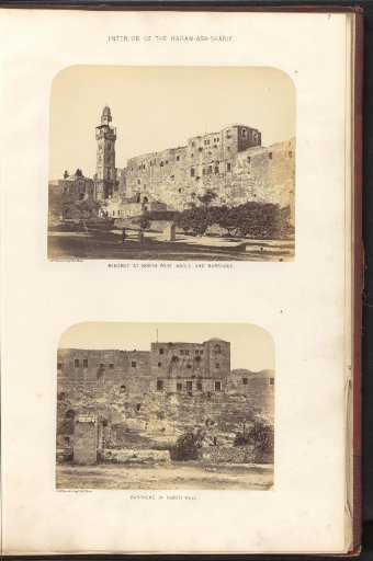 View of the minaret on the northwest corner of the platform and a view of barracks on the Temple Mount in Jerusalem