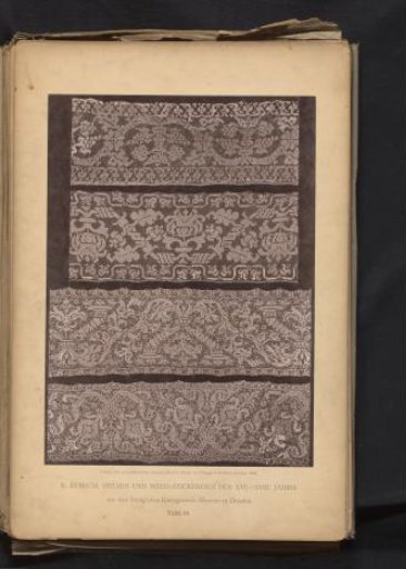 Two strips of 16th-century German lace and two strips of 16th-century Italian lace, from the collection of the Kunstgewerbemuseum in Dresden