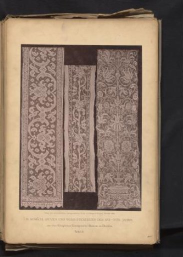 Two strips of 17th-century German lace and one strip of 16th-century Italian lace, from the collection of the Kunstgewerbemuseum in Dresden, Germany