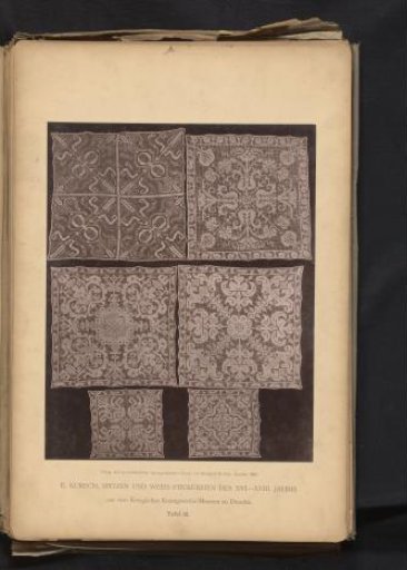 Six square pieces of 17th-century Italian lace from the collection of the Kunstgewerbemuseum in Dresden, Germany