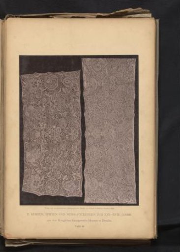 Two wide strips of German lace from circa 1660, from the collection of the Kunstgewerbemuseum in Dresden, Germany
