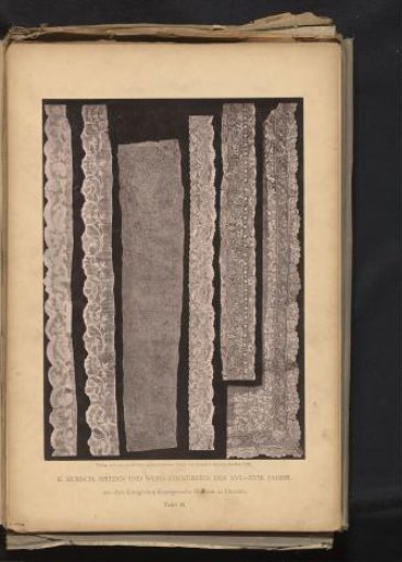 Five strips of German lace from circa 1770 and a wide strip of 18th-century German lace, from the collection of the Kunstgewerbemuseum in Dresden, Germany