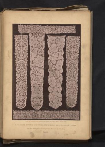 Four strips of French lace from circa 1720 and two strips of 17th-century French lace, from the collection of the Kunstgewerbemuseum in Dresden