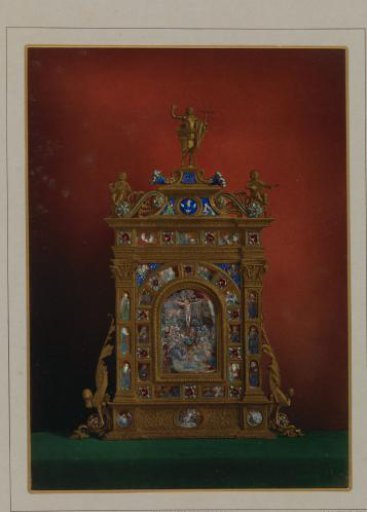 Golden altarpiece decorated with images of religious figures and Christ with a cross on top