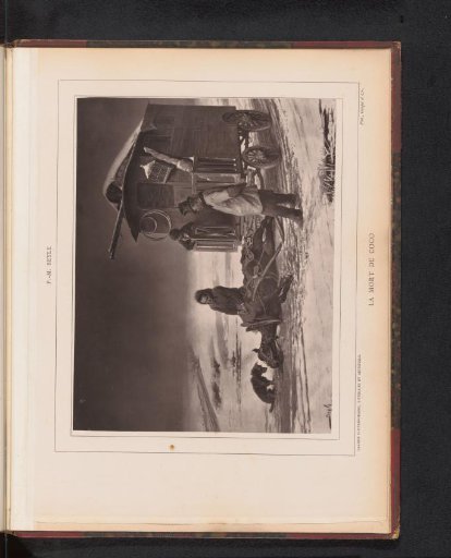 Reproduction of a painting of a covered wagon with a dead horse by Pierre-Marie Beyle