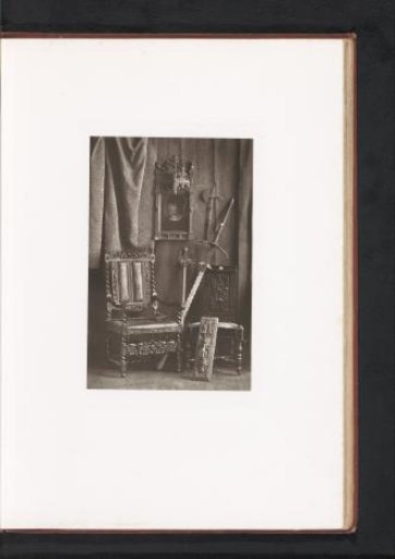 Two chairs, a portrait of Charles VIII, and various other objects, displayed during the Exposition Rétrospective of 1873 in Tours, France
