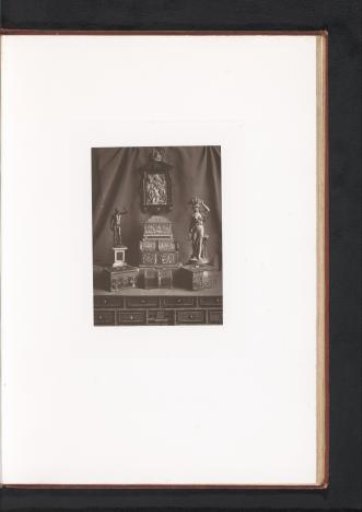 Five trunks, two statues, and an ivory relief, displayed during the Exposition Rétrospective of 1873 in Tours, France