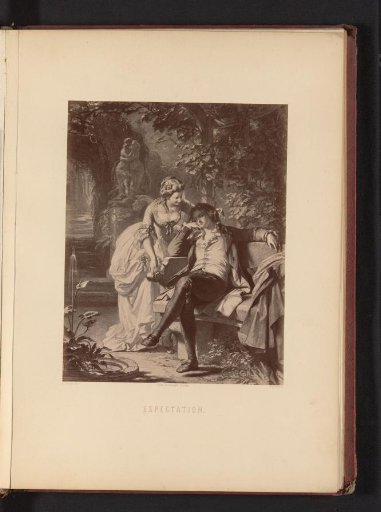 Photographic reproduction of a drawing of a scene from a play by Friedrich Schiller with a loving couple in a park, by Carl Jaeger