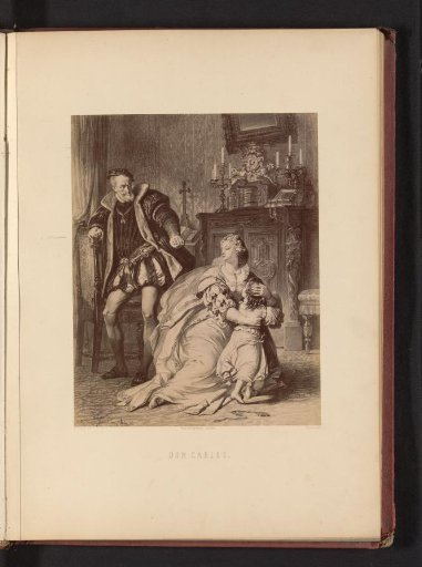 Photographic reproduction of a drawing of a scene from Don Carlos by Friedrich Schiller, by Carl Jaeger