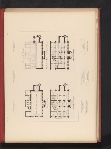 Four reproductions of floor plans of the upper floors of a town hall for Gilly, Belgium, by Jean-Jacques Winders