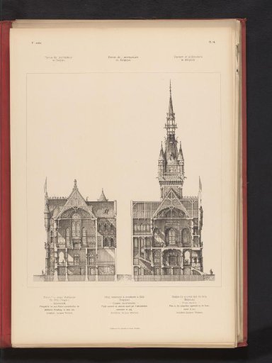 Reproduction of a design for a cross-section of a town hall for Gilly, Belgium, by Jean-Jacques Winders