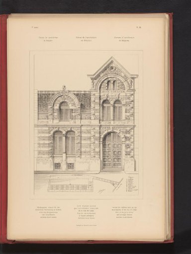 Reproduction of a design for a front view and a floor plan of the ground floor of a kindergarten, by Louis Boonen