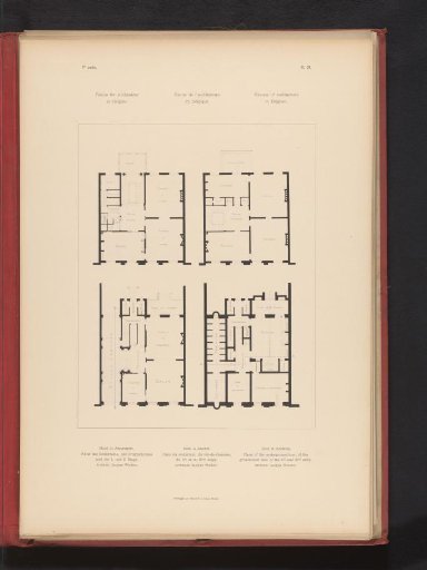 Four reproductions of floor plans of the basement, ground floor, first floor, and second floor of a hotel in Antwerp, by Jean-Jacques Winders