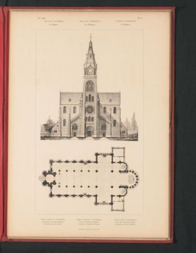 Reproduction of a design and a reproduction of a floor plan of a church in Wevelghem, Belgium, by Pierre Nicolas Croquison