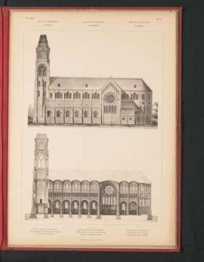 Reproduction of a design for a side view and a reproduction of a design for a longitudinal section of a church in Wevelghem, Belgium, by Pierre Nicolas Croquison