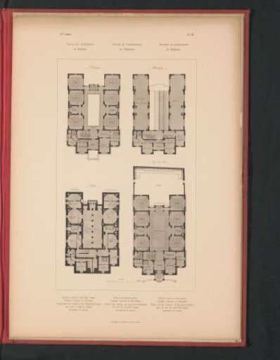 Reproduction of a floor plan of the cellar, ground floor, first and second floor of a school at Joseph Lebeau Square in Brussels, by Émile Janlet