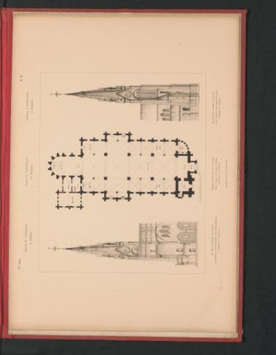 Reproduction of a design of a cross-section, a reproduction of a floor plan, and a reproduction of a design of a side view of the Sint-Bavo Church in Lauwe, Belgium, by L. Degeyne