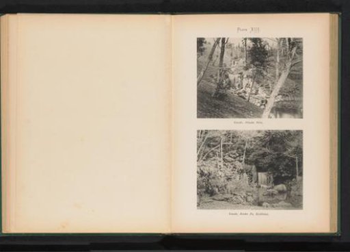 Two views of waterfalls in gardens in Tokyo, Japan