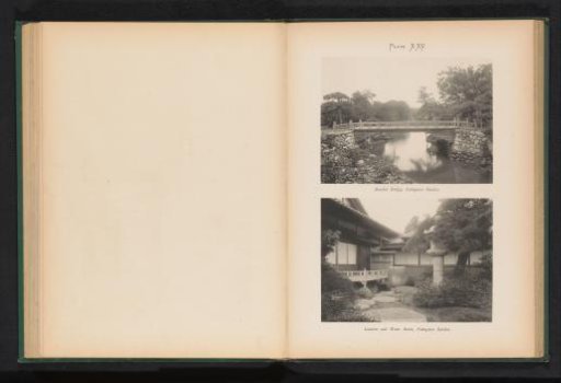 View of a bridge and a view of an ornamental water basin in a garden in Fukagawa in Tokyo, Japan