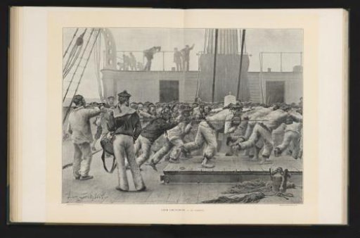 Reproduction of a painting of a ship's crew at work by Léon Couturier