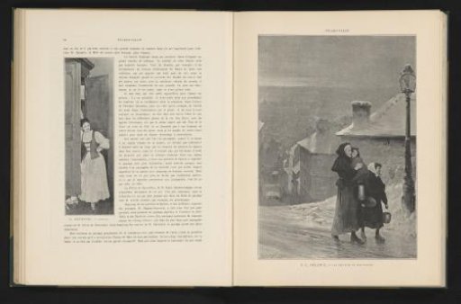 Reproduction of a painting of a street scene in Paris in the snow by Paul-Louis Delance