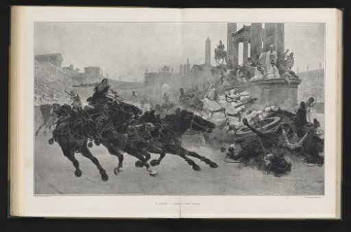 Reproduction of a painting of a race with Roman chariots by Ulpiano Checa y Sanz