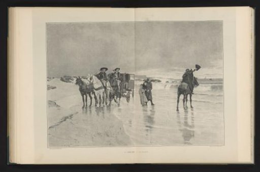 Reproduction of a painting of fleeing people on the beach by Charles Edouard Delort