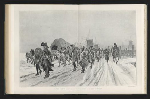 Reproduction of a painting of the marching French army on its way to Amsterdam in 1796 by François Flameng