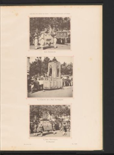 Three views of the Landjuweel parade celebrating the fiftieth anniversary of the Académie d'Archéologie de Belgique in 1892 in Antwerp