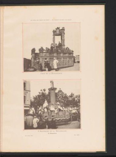 Two views of the Landjuweel parade celebrating the fiftieth anniversary of the Académie d'Archéologie de Belgique in 1892 in Antwerp