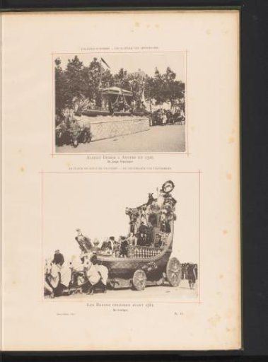 Two views of the Landjuweel parade celebrating the fiftieth anniversary of the Académie d'Archéologie de Belgique in 1892 in Antwerp